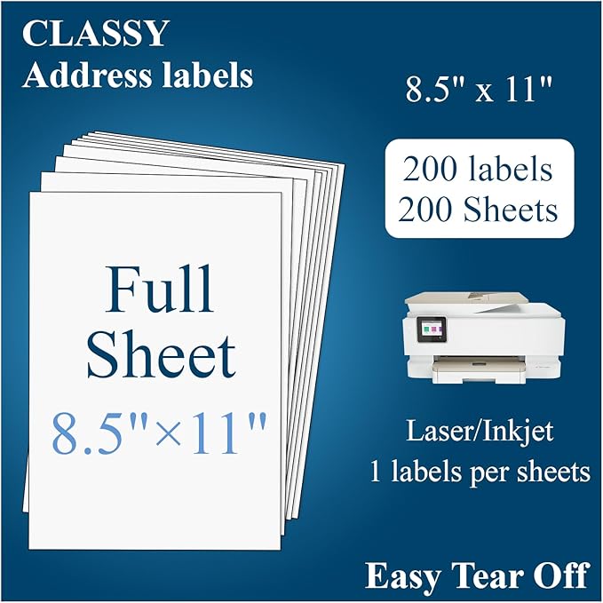(200 Sheets, 200 Labels) Sticker Paper, Full Sheet Shipping Labels 8.5 x 11, Self Adhesive Full Sheet Mailing Label for Laser and Inkjet Printers