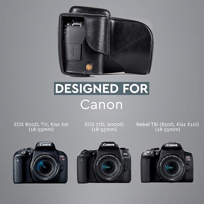 MegaGear MG1192 Ever Ready Genuine Leather Camera Case Compatible with Canon EOS Rebel T8i, Kiss X10i, Rebel T7i, Kiss X9i, 77D, 9000D (18-55mm), Black
