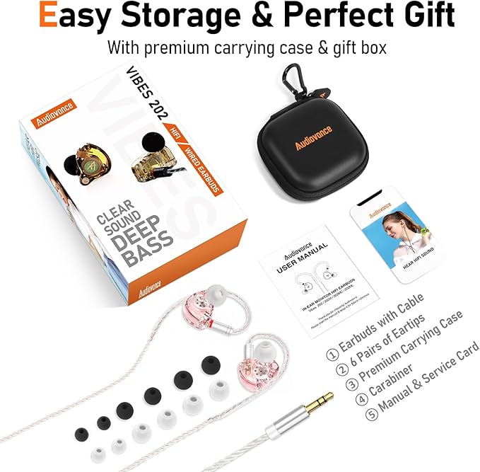 Vibes 202 Wired Earbuds - HiFi in Ear Monitor Headphones – Professional Noise Isolating Ear Buds - Clear Sound, Deep Bass & Comfort-Fit IEM Earphones - MMCX to 3.5mm, Silver Plated Cord, Carrying Case