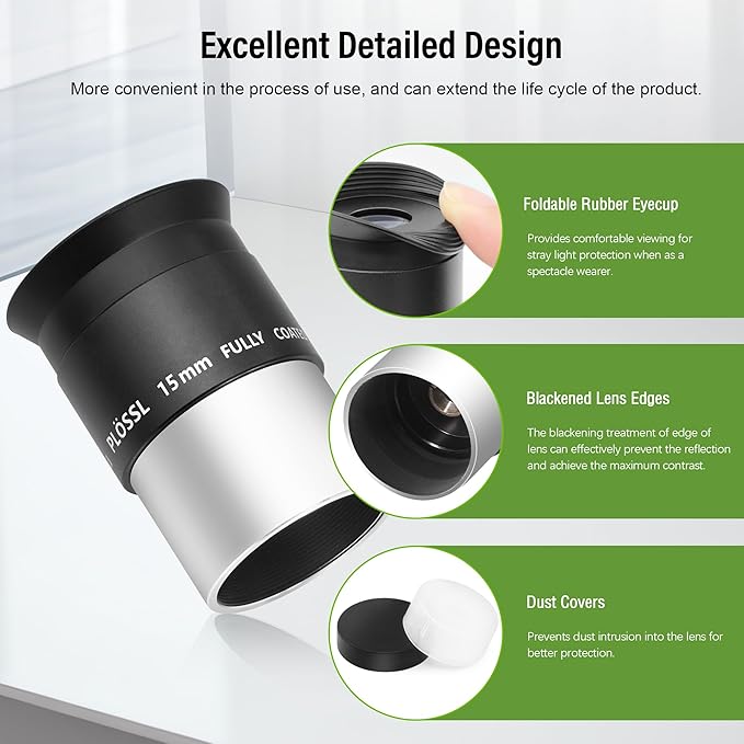 Astromania Telescope Plossl Eyepiece 15mm, 50 Degree Apparent Field of View Plossl Lens with Fully Multi Coated 4-Element, Metal Telescope Accessory for Standard 1.25 Inch Astronomy Filter Thread