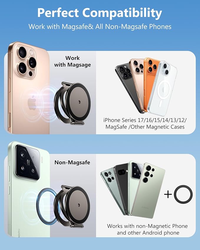Dual Magnetic Phone Ring Holder for MagSafe, Compatible with 1/4" Screw Tripod Mount, Magnetic Phone Grip Kickstand for iPhone 17/16/15/14/13/12 Pro Max & All Phones
