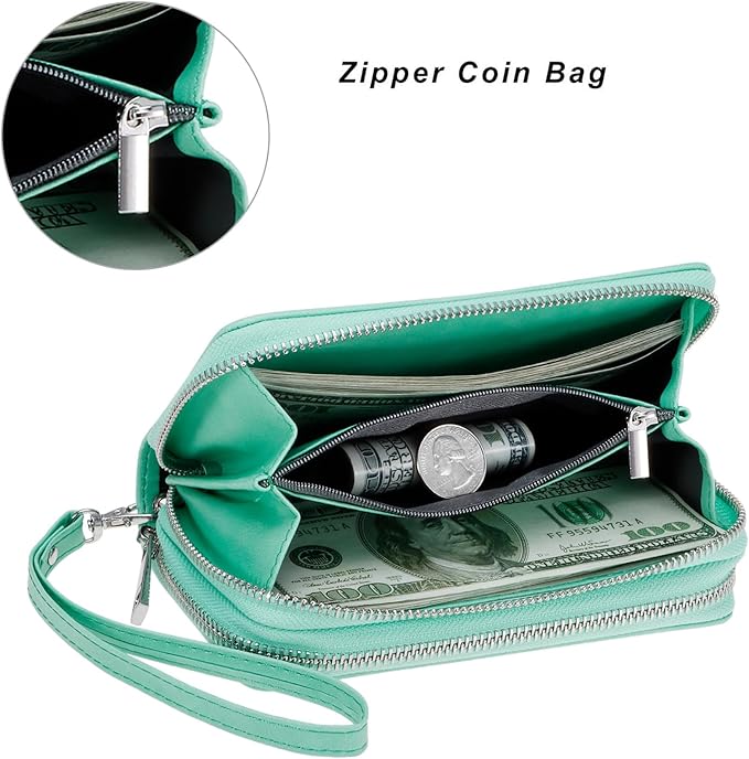 Cellphone Wallet for Women Dual Zipper Long Purse with Removable Wristlet
