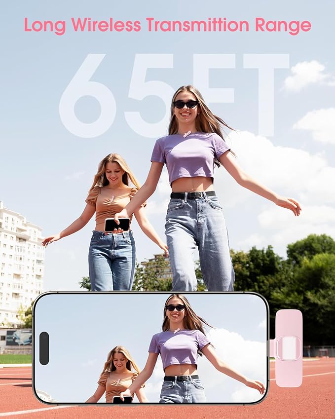 Mini Wireless Lavalier Microphone for iPhone 16/15/14/Android, Lapel Mic with Noise Reduction, 12H, 65ft, Pink Tiny Microphone Content Creator Interview for Vlog YouTube TikTok Recording (Pink)