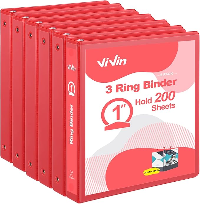 ViVin 1 Inch Round Ring View Binder for Durability, Standard 3 Ring Binder for 200 Sheets of US Letter Size Paper, PVC-Free, 6-Pack (Red)
