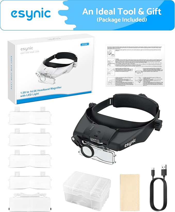 eSynic Head Magnifier 1.5X-14.5X with 5 Acrylic Lenses &2 LED Lights Wide Field of View Comfortable Headband Magnifying Glasses with Rechargeable Battery Alert for Reading Crafts Jewelry Repair