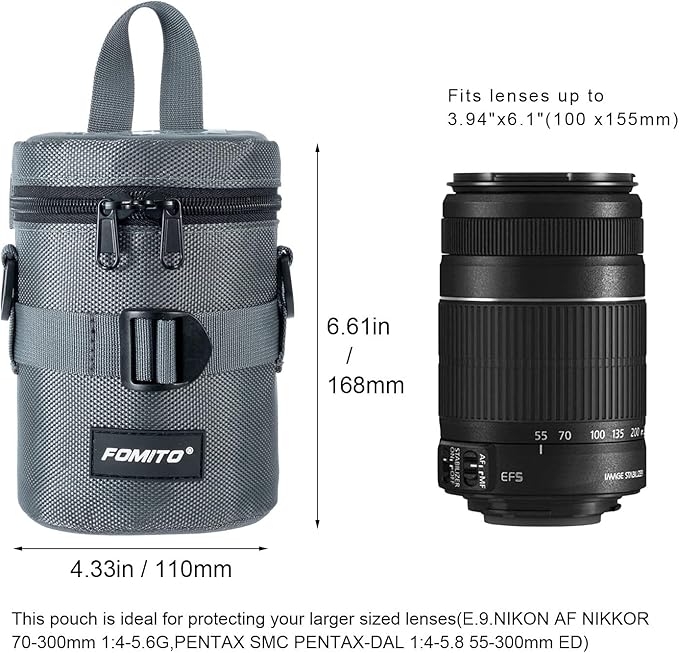 FOMITO Camera Lens Case Pouch Bag for Canon EF-S 17-55mm/17-85mm,EF 35mm f2, Nikon AF-S 18-200mm/18-105mm/18-300mm, Fujifilm XF 56mm f1.2 R & More Lens Below 3.94" x 6.1"(D x L) - Grey M size