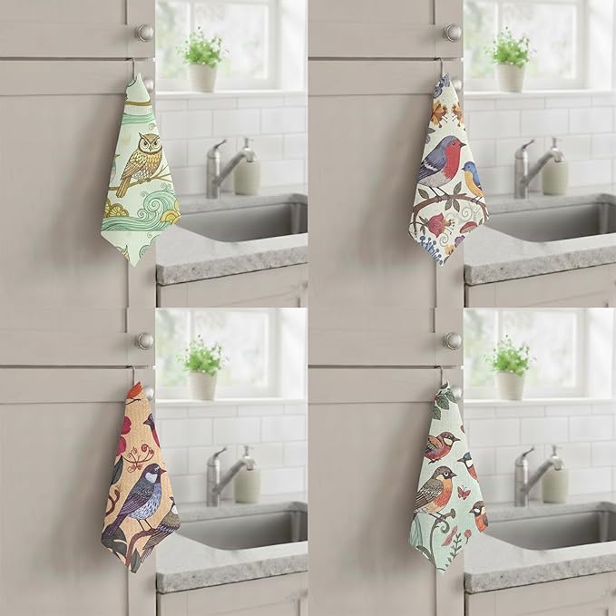 8-Pack Ultra-Fine Microfiber Kitchen Towels, 7-Inch Square with 8 Clips & Multiple Patterns – Soft, Absorbent, Reusable Cleaning Cloths (Birds)