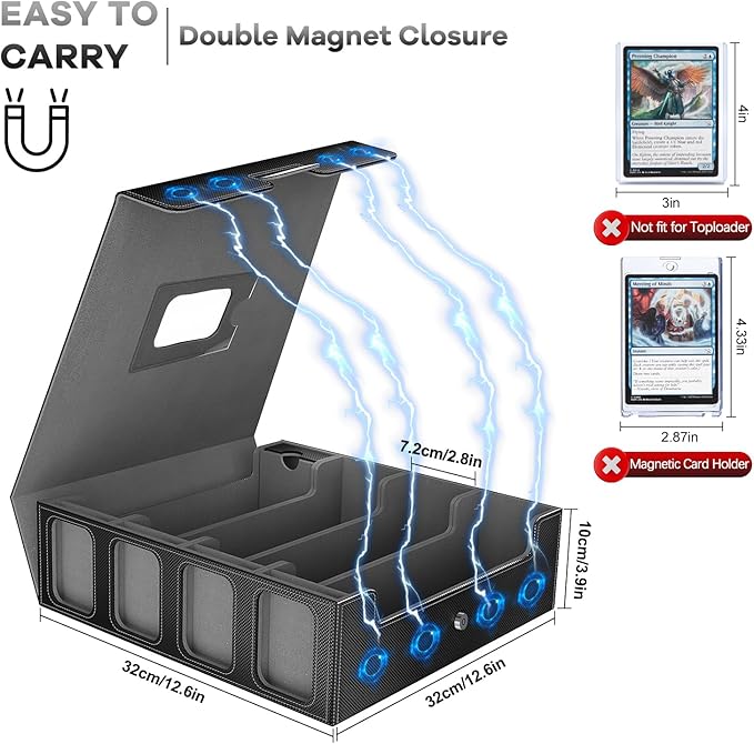 3200+ Trading Card Storage Box with Commander Display, 4 Row Card Deck Box with Portable Handle, Compatible for TCG/MTG/Magic Cards, 30 Colorful Divider, 8 Supporters, US Design Patent (Black&Grey)