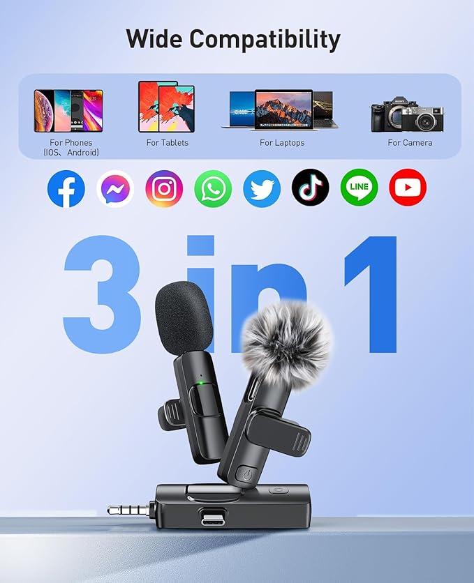 3-in-1 Mini Microphone for iPhone: Wireless Lavalier Microphone with 80ft Range & 15H Battery - Noise Reduction Lapel Mic, Real-Time Monitoring for Video Recording, Vlog, YouTube