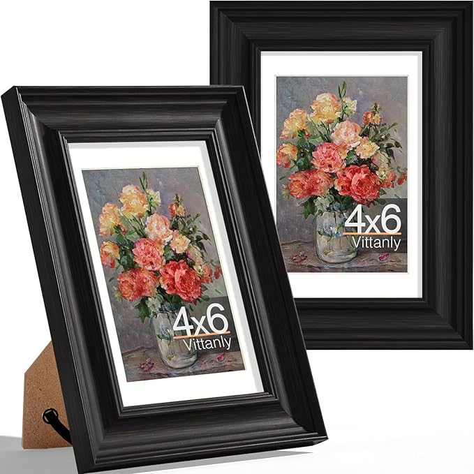 Vittanly 4x6 Picture Frames Set of 2, Ornate Vintage Photo Frame for Wall or Tabletop, Display 3.5x5 Pictures with Mat or 4x6 without Mat, Vintage Black