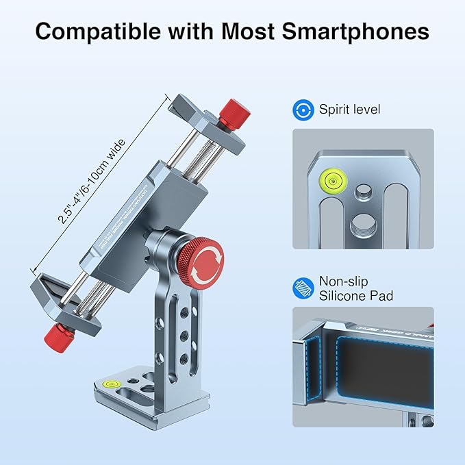 Phone Tripod Mount Aluminum Alloy, 360° Rotatable Phone Stand Holder Clamp with Cold Shoe and Arca Base Compatible with iPhone 15 Pro Max Galaxy S24 Ultra Pixel & 2.5"-4" Wide Smartphones