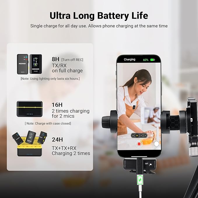 NEEWER CM28 (1 RX + 2 TX + Charging Case), Wireless Lavalier Microphone, Smart Noise Cancelling, 48KHz/16Bit 9 Hrs Uncompressed Recording, 656ft/200m Range, Lav Mic for iPhone, Android, Camera