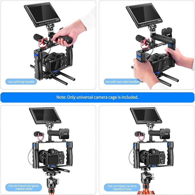 NEEWER Aluminum Alloy Camera Cage, Filmmaking Rig with Top Handle, Dual Grips & Arca Type Base, Compatible with Sony A7S III A7IV A6600 Canon EOS R5C R5 R6 DSLR/Mirrorless Cameras - VS107, Blue