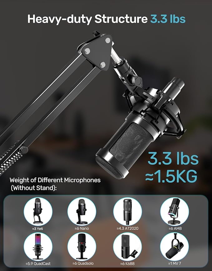 Mic Boom Arm Stand [MAX 3.3lbs ] Heavy Duty Microphone Holder Desk Mics Scissor Mount Streaming Accessories for Blue Yeti HyperX QuadCast S SoloCast snowball Fifine K669B AT2020 - Medium