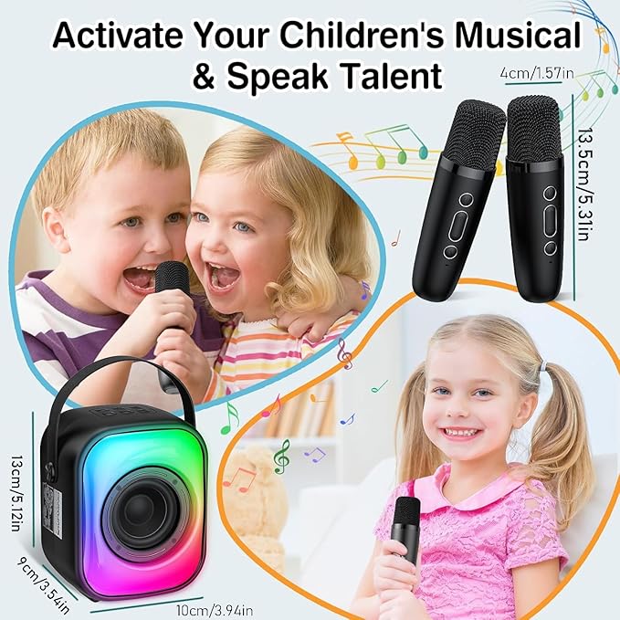Mini Karaoke Machine with Two Wireless Microphones, Portable Bluetooth Speaker for Adults and Kids, Karaoke Microphone with LED, Speaker Supports for TF Card/USB, AUX in (Black)