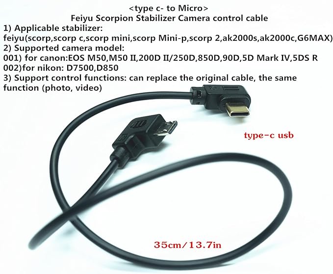 FeiyuTech Stabilizer ak2000c/s scorp/2/c g6max Connects Camera Control Data Cable for Canon EOS M50,M50 II,200D II/250D,850D,90D,5D Mark IV,5DS R (FY-Micro USB)