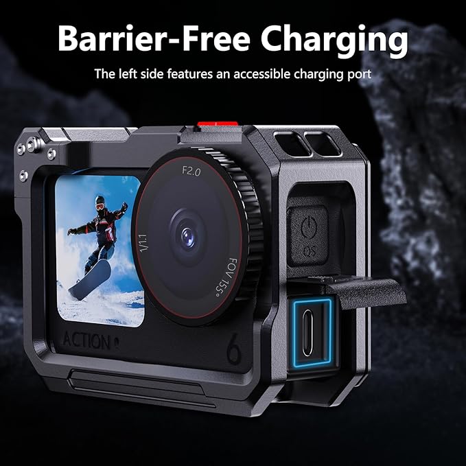 Aluminum Alloy Camera Cage Compatible with DJI Osmo Action 6 Camera Accessories, Protective Cage Expansion Frame Case with Cold Shoe Mount | 1/4" Screw Adapter for Tripod, Selfie Stick