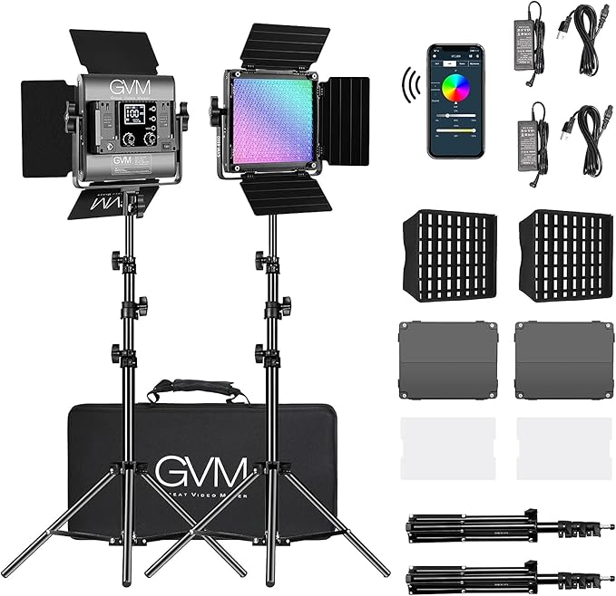 GVM 850D RGB LED Video Lights with 2 Softboxes Stand, 360 ° Full Color Video Lighting Panel with App Control,2 Packs Photography Lighting Kit 40W CRI 97+ for Web Conference, YouTube, Studio, Zoom