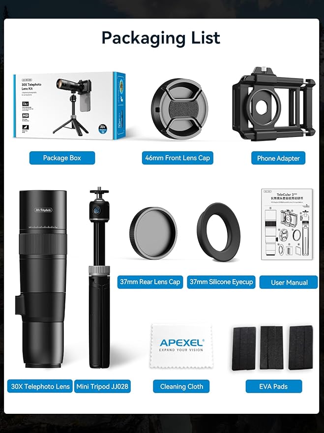 APEXEL 30x Telephoto Lens - Enhanced Version for iPhone 16 15 14 13 pro max, Samsung, Pixel | Professional Upgraded External Camera Photography Attachment with Tripod