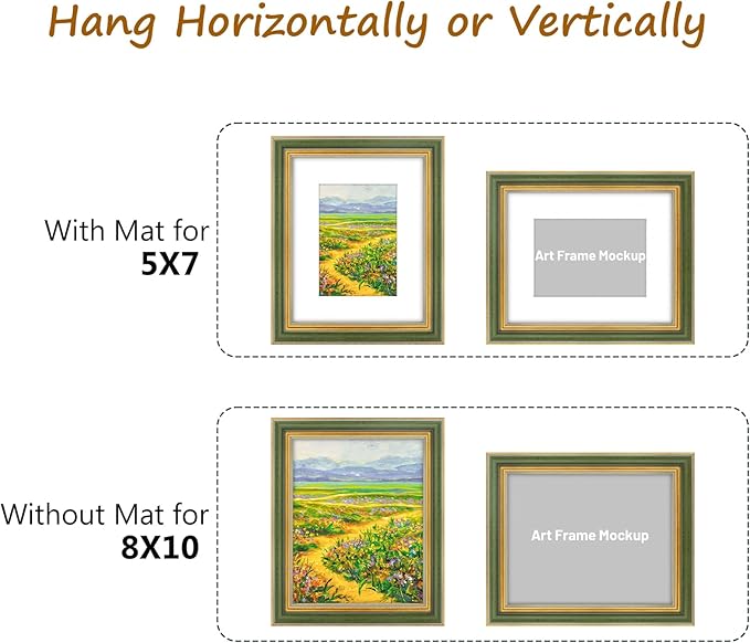 Golden State Art,8x10 Ornate Picture Frame for 5x7 Photo with Mat or 8 x 10 Prints Without Mat, Real Glass Wall & Tabletop Display Horizontally or Vertically (Color:Green Gold)