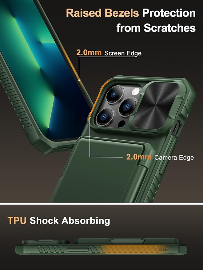 Vihibii for iPhone 13 Pro Wallet Case with Card Holder (4 Cards), [RFID Blocking] & Slide Camera Cover & Raised Edges Protect Screen, Shockproof Rugged Phone Cover for iPhone 13 Pro, 6.1", Green