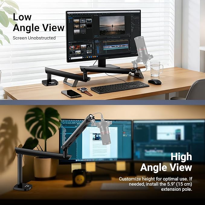 NEEWER Microphone Stand, Low Profile Damped Mic Holder Boom Arm Desk Mount, 360° Ball Head, Upgraded Cable Channels, 3/8" 5/8" Adapters for Podcast Streaming Gaming Studio, Max Load 3.3 lb, MS007