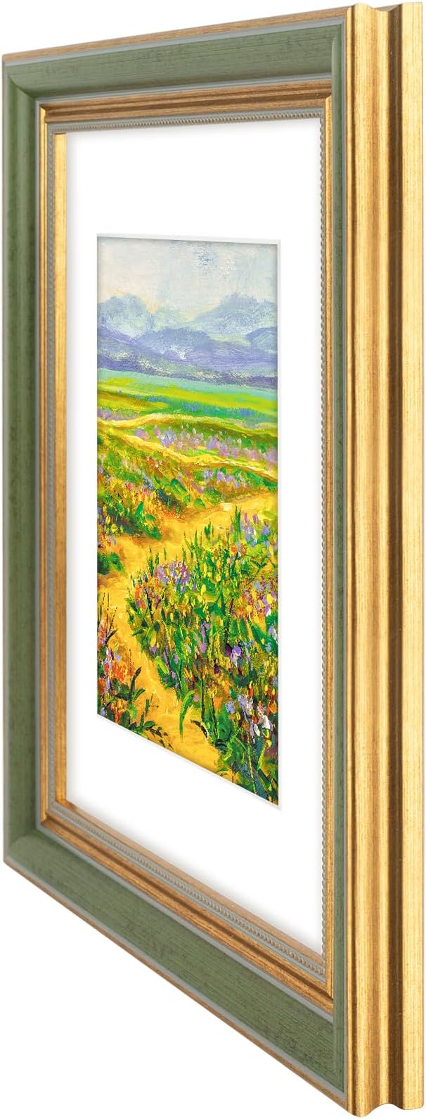 Golden State Art,11x14 Ornate Picture Frame for 8x10 Photo with Mat or 11 x 14 Prints Without Mat, Real Glass Wall Display Horizontally or Vertically (Color:Green Gold)