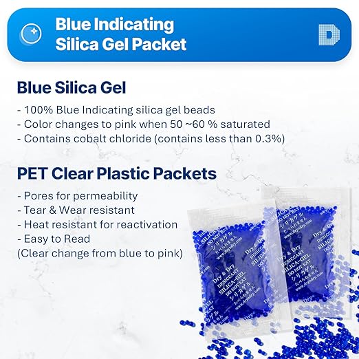 Dry & Dry 10 Gram [40 Packets] Blue Indicating(Blue to Pink) Silica Gel Packets Desiccant - Rechargeable Silica Packets, Silica Gel, Silica Gel Packs, Desiccant Pack