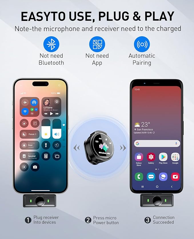 Wireless Lavalier Microphone for iPhone: Mini Microphones for Android Equipment - Noise Reduction Lapel Mic for Professional Recording - 80h Battery Life - 48KHz Studio Sound