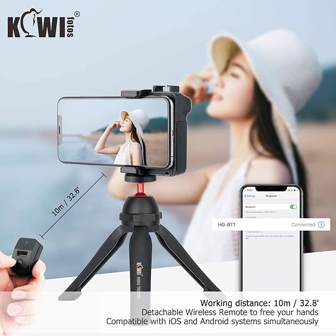 KIWIFOTOS Phone Camera Grip Handle Holder Phone Tripod Mount with Remote Shutter & Cold Shoe Adapter for iPhone 17 16 15 14 Pro Max Samsung Smartphone Selfie Vlog Video Shooting