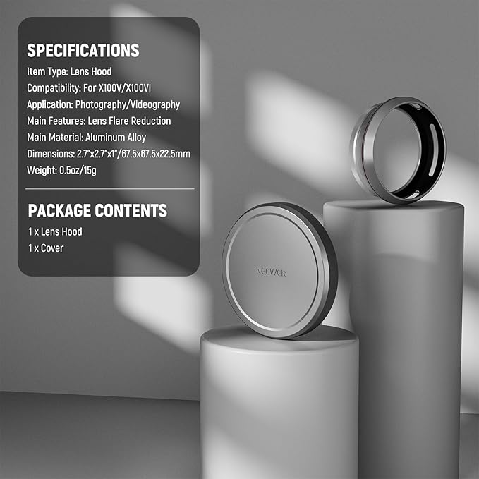 NEEWER Round Lens Hood for X100V/X100VI, Prevents Flare & Reflection, Not Compatible with Traditional Round Filters, Silver, CA085