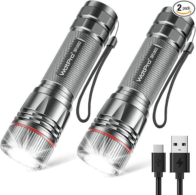 WdtPro Rechargeable Flashlights High Lumens, 2 Pack 10H Long Lasting Super Bright EDC Flashlight, LED Mini Tactical Flash Lights for Camping Emergency, Drop & Water Resistant Grey(Battery Included)