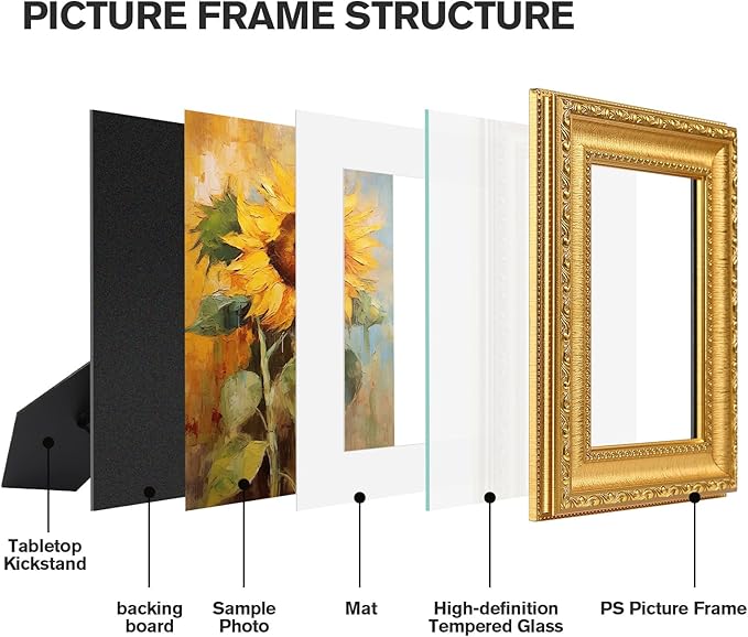 5x7 Gold Picture Frames Set of 2, Ornate Vintage 5 x 7 Photo Frames for Wall Decor or Tabletop Display,5 x 7 Gold Frame with Real Glass, Display 4x6 Pictures with Mat or 5x7 without Mat for Antique Déco
