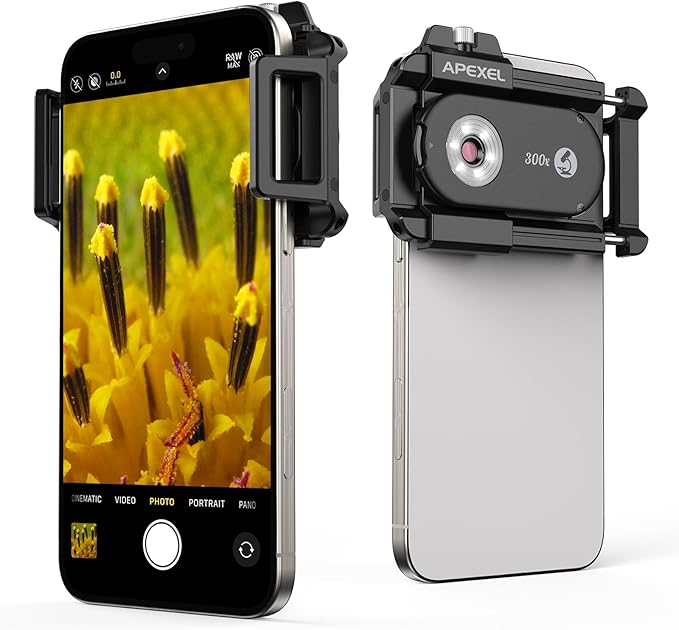 APEXEL 300X Phone Microscope Lens, Phone Camera Micro Lens with Universal Clip/LED Light/CPL, Mini Pocket Microscope, Phone Lens Attachment Fit for iPhone 16/15/14/13, Samsung, and Most Smartphone