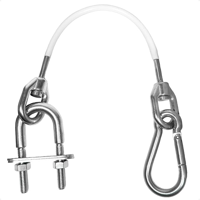 Five Oceans 12-Inch Anchor Safety Straps, Heavy Duty 7x19 PVC Coated Stainless Steel 6mm Wire Rope, Includes 5/16-Inch Carabiner Snap Hook and 3/8-Inch U-Bolt - FO4559