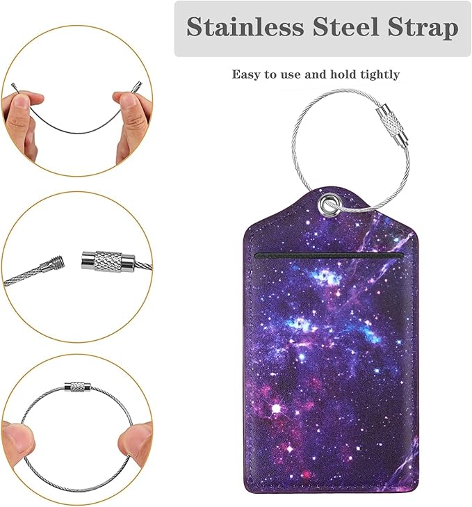 (Set of 2) Luggage Tag Leather Privacy Cover ID Label Address Card with Stainless Steel Loop, Travel Bag Tags Suitcase Labels, Nebula