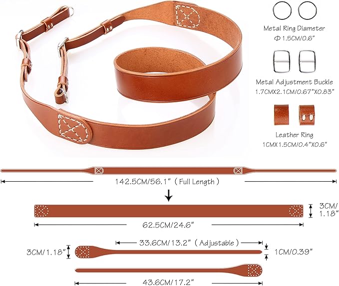 MY MEMORY Handmade Genuine Leather Camera Strap,Adjustable Camera Neck Shoulder Strap for All SLR and DSLR-Brown