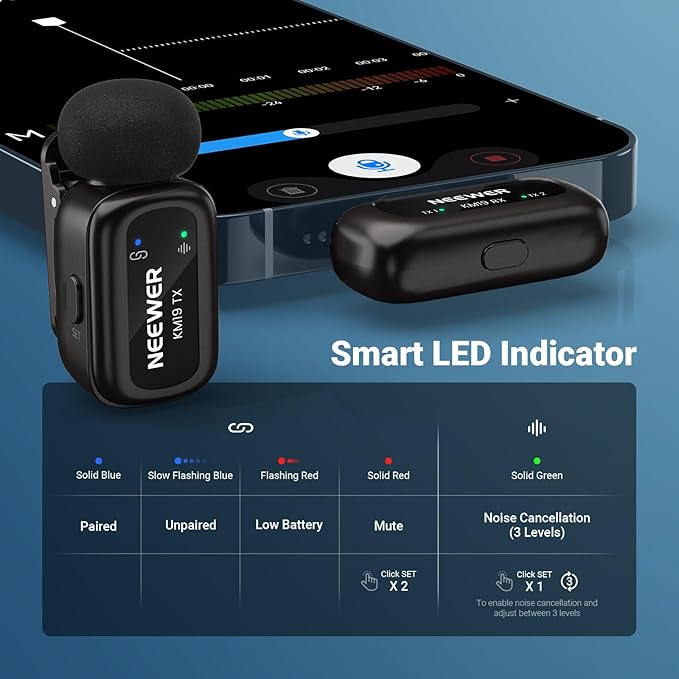 NEEWER KM19 Lightweight Wireless Lapel Microphone, 48kHz/24bit 30H Battery 3-Level Noise Cancelling Mute Stereo 100m Range Mini Lav Mic with App Control, Compatible with iPhone Android Phone PC