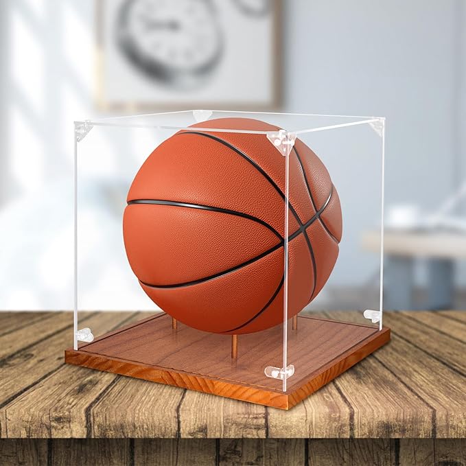 Clear Acrylic Basketball Display Case with Wood Base & Tee, Memorabilia Stand Cube Holder, Dust Protection Transparent Storage Box for Single Ball Souvenir Basketball Collections