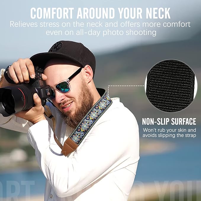 MoKo Camera Strap, Woven Vintage Camera Strap for DSLR Cameras, Adjustable Embroidered Neck & Shoulder Strap for Video Camcorder, Binoculars, and Nikon/Canon/Sony/Minolta Digital Cameras, Vintage Blue