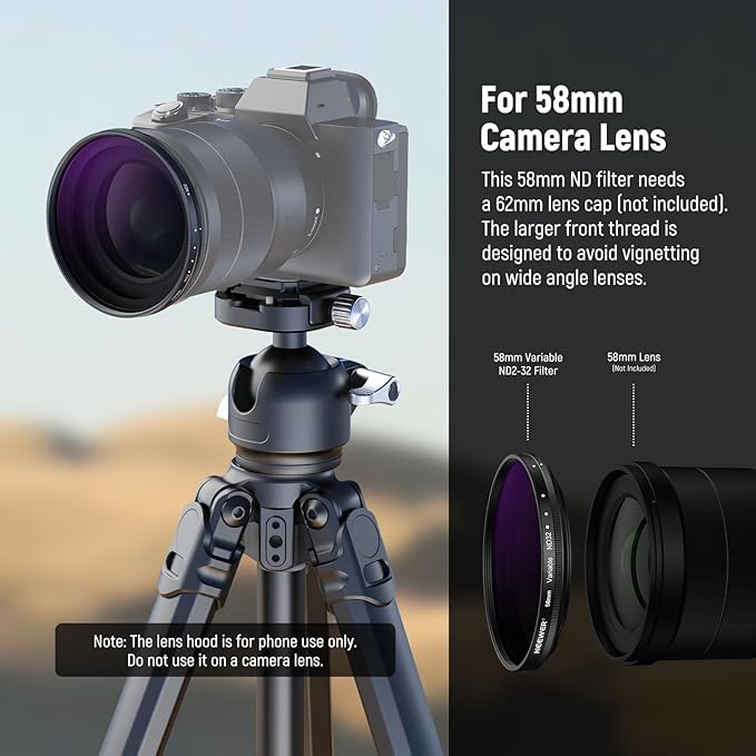 NEEWER 58mm Variable ND Filter with 62mm Lens Hood, ND2-32 Adjustable Neutral Density Filter Compatible with iPhone Android Samsung NEEWER 65mm Telephoto Phone Lens