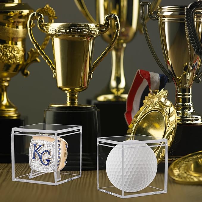 2 Pack Clear Acrylic Championship Ring Display Case, Memorabilia Stand Cube Holder Dust Protection Transparent Storage Box for Sports Baseball Basketball Fan Souvenir Protection Supplies
