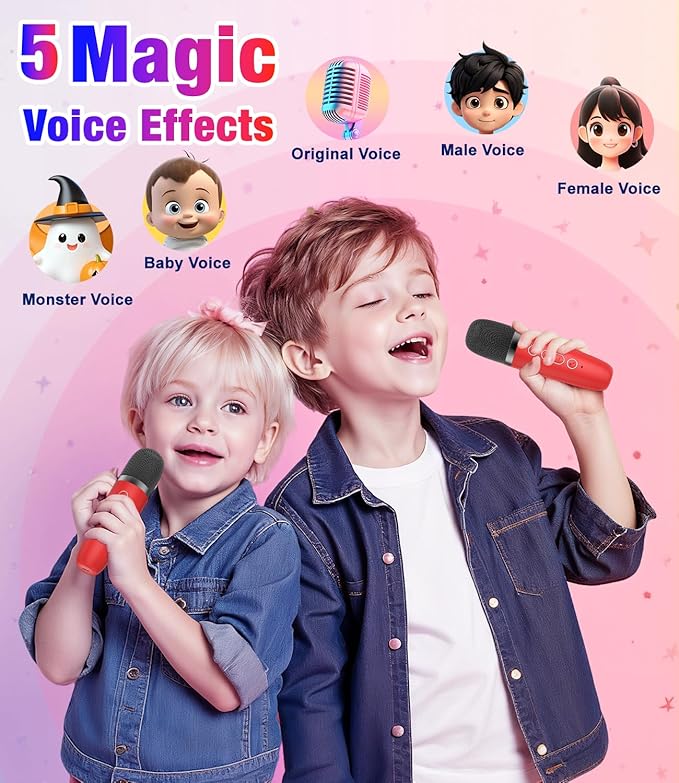 Mini Karaoke Machine, Portable Bluetooth Speaker with 2 Wireless Microphones for Kids & Adults, Karaoke Microphone with LED Lights, Gifts for Girls & Boys_Red