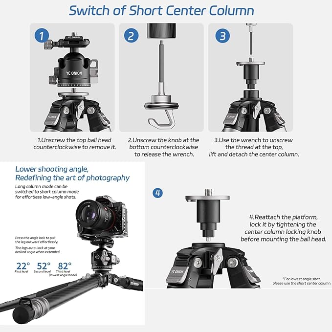 YC ONION Tako T23 Carbon Fiber Tripod with 52mm Bowl Head and FH60S Fluid Head, 3/8" Top Thread, 3 Leg Sections, One Flip Quick Release, Travel Tripod Stand for DSLR Cameras,Camcorders (Max Load 22lb)
