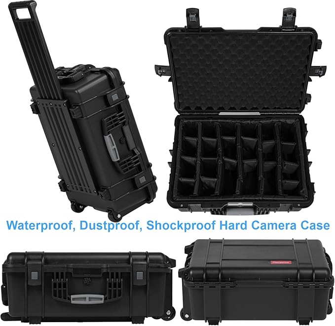Waterproof Camera Cases, 24 x 17.5 x 10 Inch, Travel Rolling Case with Padded Dividers for Cameras, Lenses, Drones, Gear, equipment, Shockproof,Airline Carry-On, Inner 20.79"x 14.57" x 7.48"