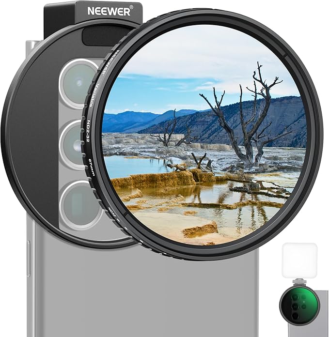 NEEWER Clip On Phone Filter Kit, 67mm Multicoated Variable ND Filter ND2-32 with Cold Shoe Cell Phone Clamp, Carrying Case & Cleaning Cloth Accessories Compatible with iPhone Samsung Android, FL-82