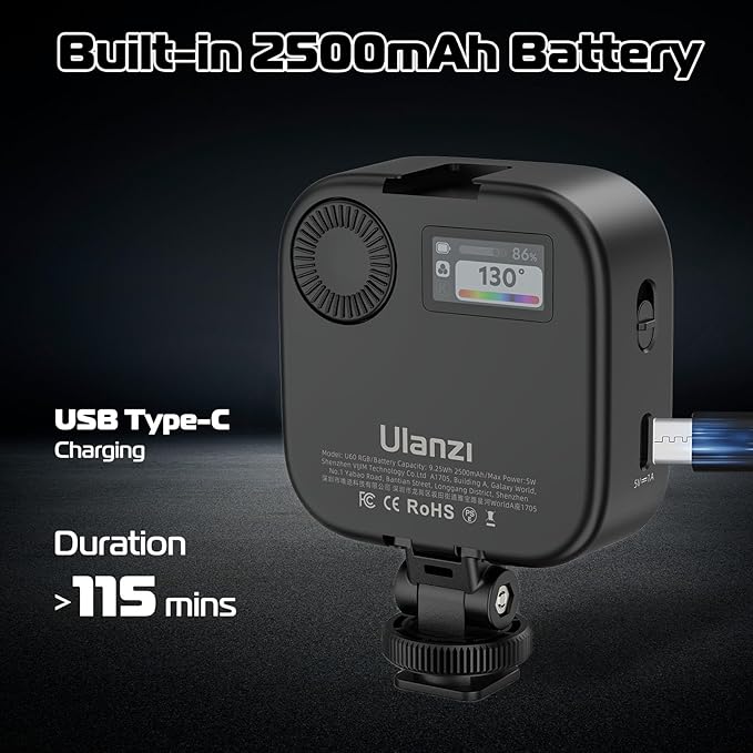 Ulanzi U60 RGB Video Light, Portable LED Camera Light with 360° Color CRI≥95 2500-9000K Dimmable Panel Lamp,2500mAh LED Panel Photography Lighting w Quick Release Cold Shoe Adapter and Clip-Black
