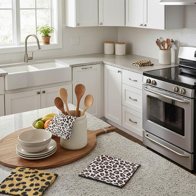 8-Pack Ultra-Fine Microfiber Kitchen Towels, 7-Inch Square with 8 Clips & Multiple Patterns – Soft, Absorbent, Reusable Cleaning Cloths (Leopard Print)