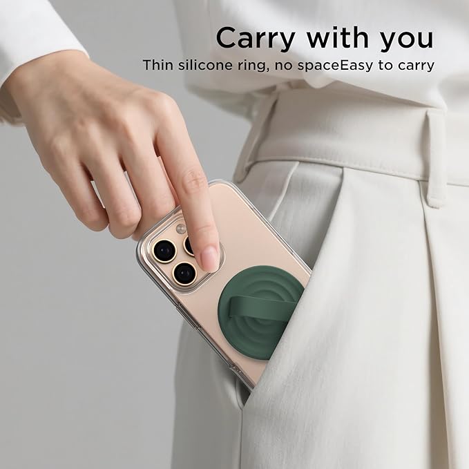 Magnetic Phone Grip Ring Holder, Liquid Silicone Magnet Cell Phone Grip Finger Loop, Compatible with Magsafe, Back of Phone for iPhone 17/16/15/14/13/12 Series, Alpine Green