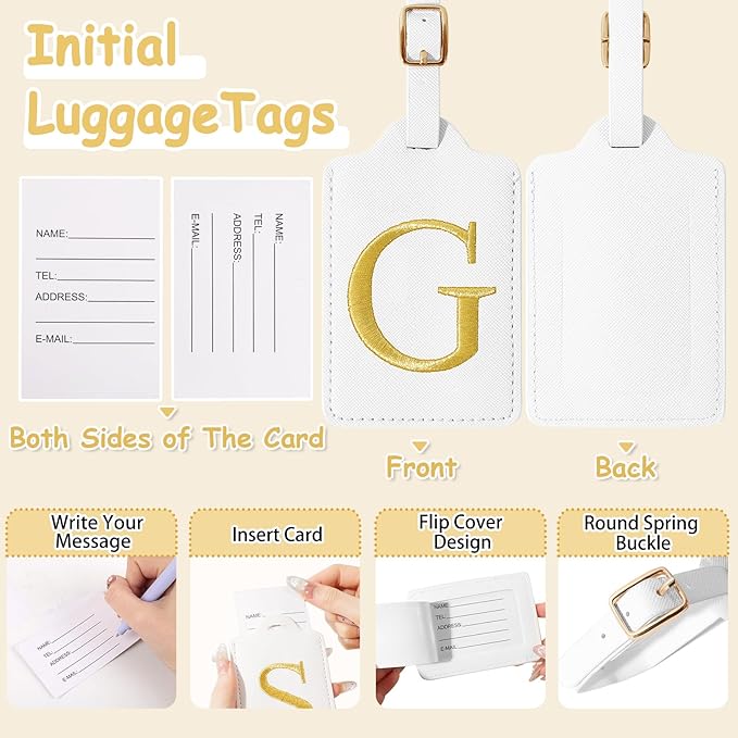 Initial Luggage Tags for Suitcases, Cute Embroidered Letter Luggage Bag Suitcase Identifier Name Baggage Tag, PU Leather Travel Luggage Tags, Bag Tags for Men Women Kids Luggage Handbags(White G)